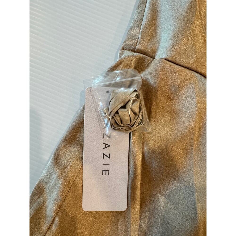 Azazie Leonis Champagne Gold Metallic Satin Mermaid Gown NWT A8 Formal Evening - Picture 4 of 16